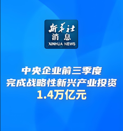 今年前三季度，中央企業(yè)在戰(zhàn)略性新興產(chǎn)業(yè)領(lǐng)域累計完成投資1.4萬億元，同比增長17.6%